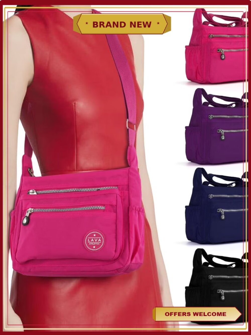 Waterproof Nylon Crossbody Shoulder Bag Zipper Pockets Messenger